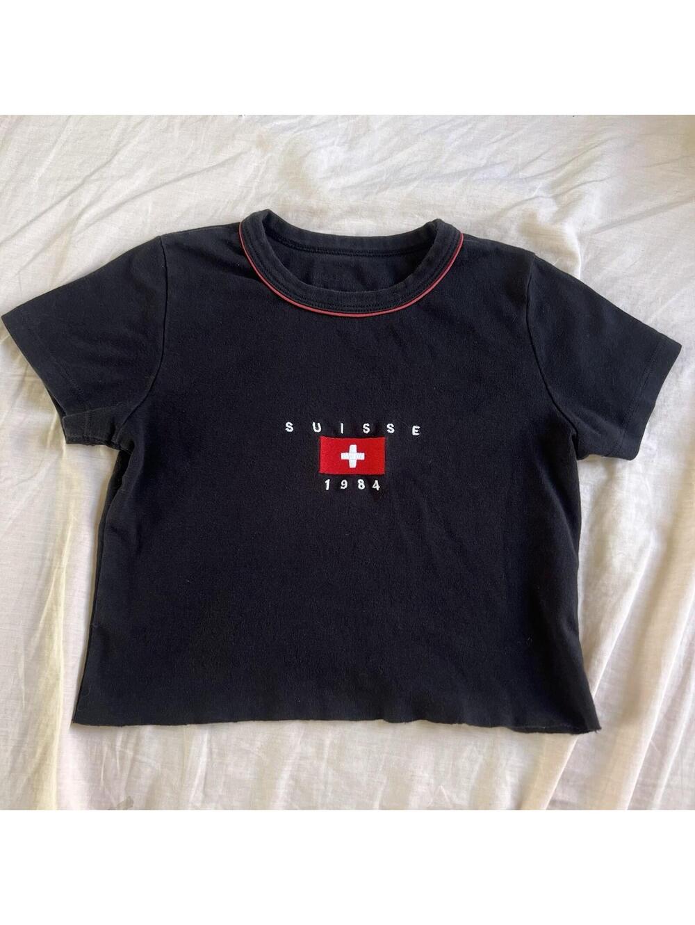 John Galt Suisse 1984 Switzerland Crop Top Black Baby Tee Short Sleeve Small